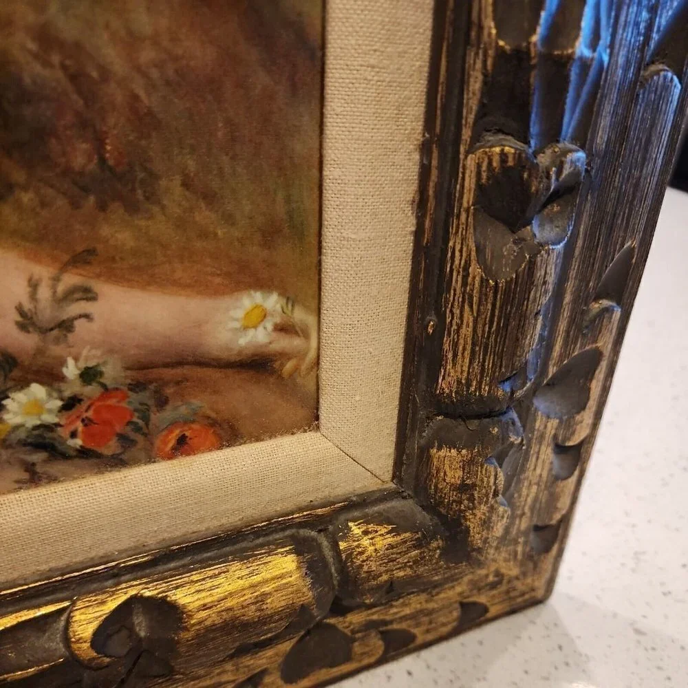 Gold wooden Framed Picture Of Young Girl With Flowers matted 18x16